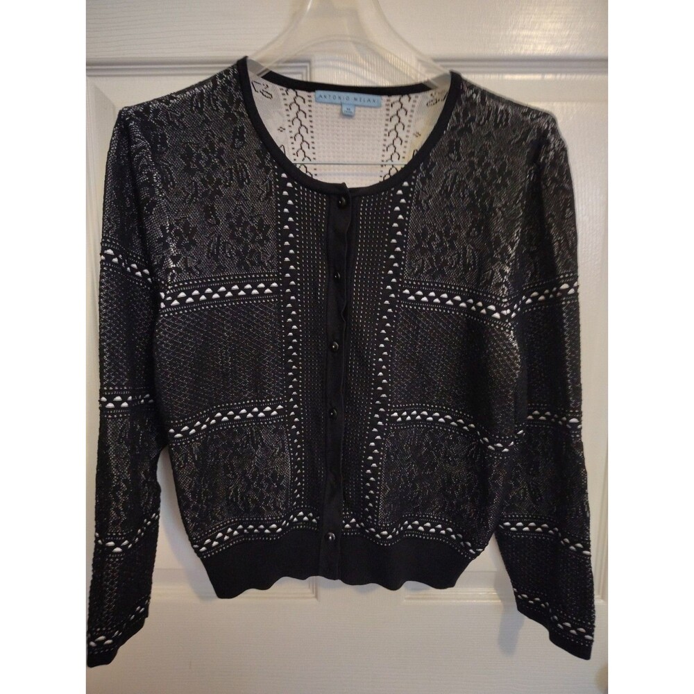 Antonio Melani Black Open Knit Button Front Cardigan Sweater Crew Neck M